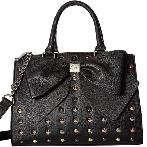 Betsey Johnson Handbags - Betsey Johnson Studded Bow Satchel Bag Black Bow Studs + Keychain BB18265 NEW